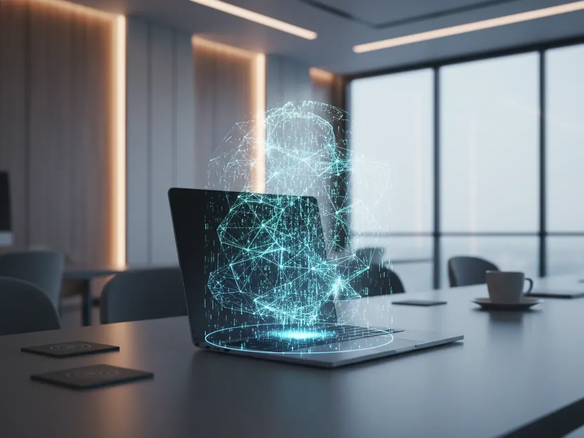 Glowing holographic data network rising from a modern laptop keyboard in a high-tech office.