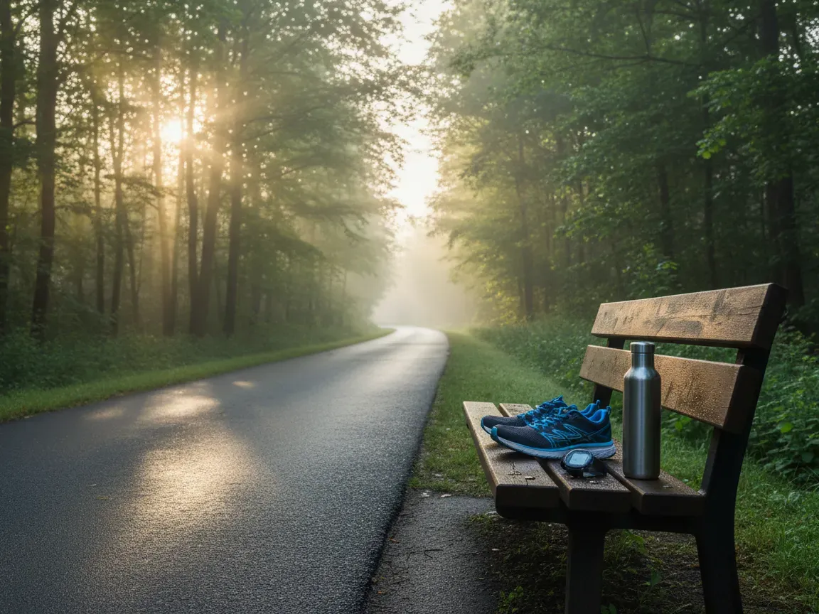 Running shoes, a sports watch, and a water bottle on a park bench beside a misty morning path at sunrise.
