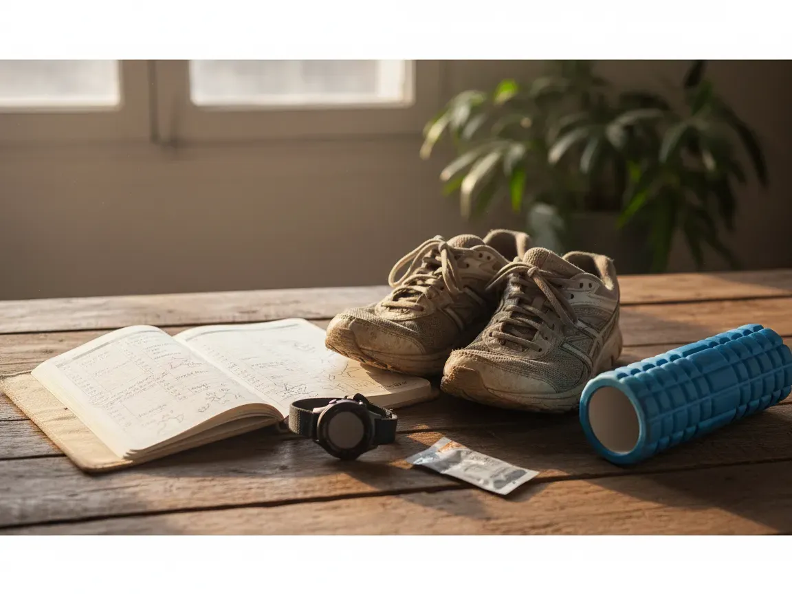 Running shoes, open training journal, GPS watch, and foam roller on a rustic wooden table in soft morning light.