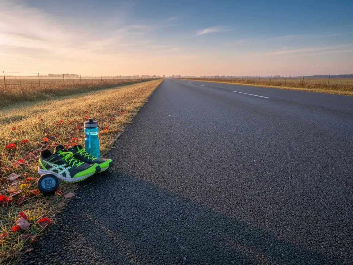 Running shoes, a GPS watch, and a water bottle sit beside an empty asphalt road at sunrise on a crisp autumn morning.