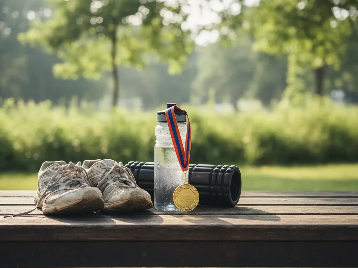 Running shoes, water bottle, foam roller, and finisher medal resting on a wooden bench in soft morning light.
