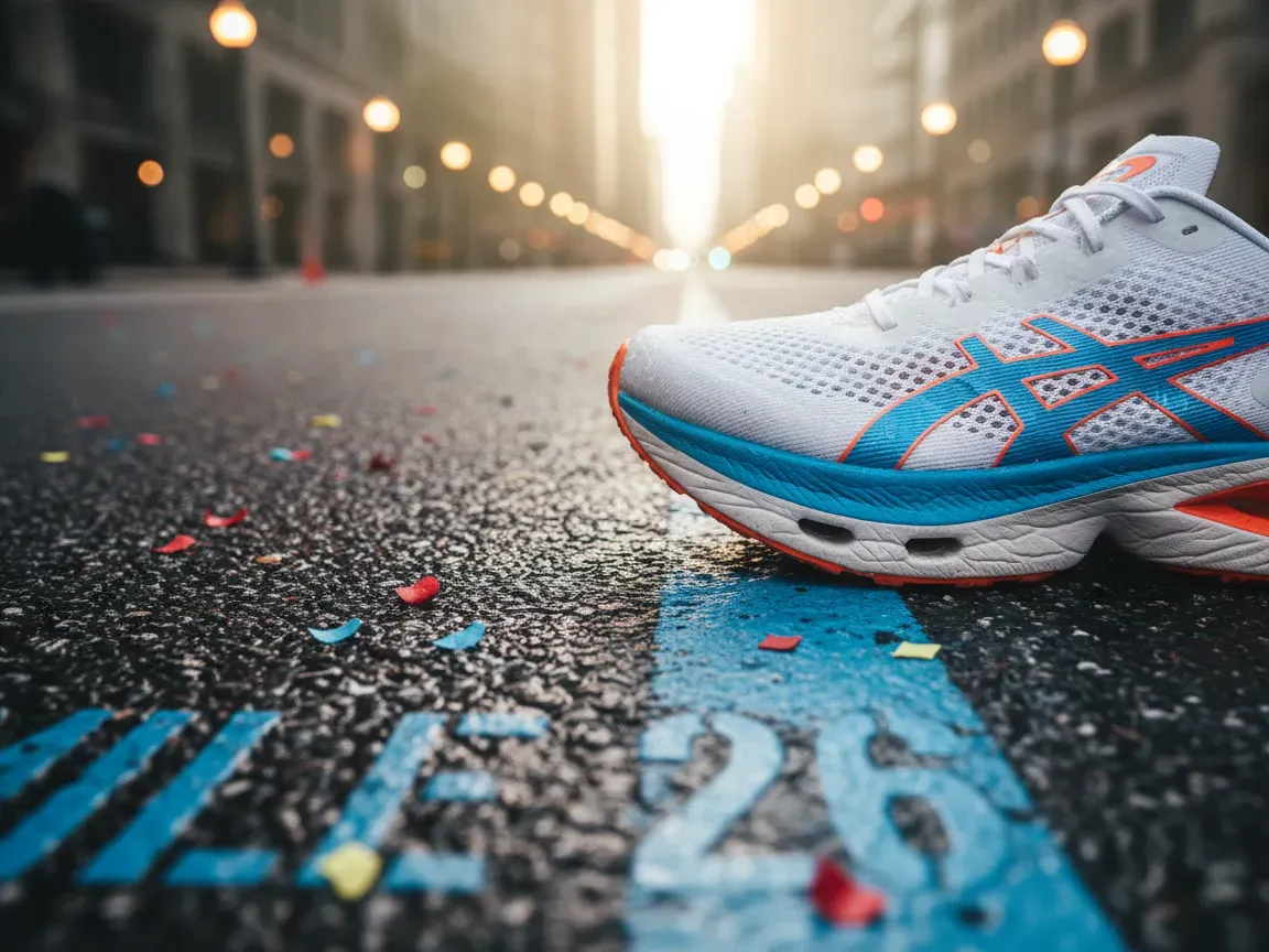 A marathon racing shoe on wet asphalt by a blue line with scattered confetti in soft morning light.