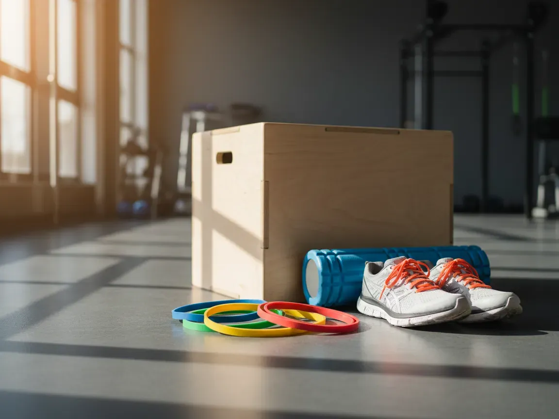 Running shoes, colorful resistance bands, a plyo box, and a foam roller arranged on a sunlit gym floor.
